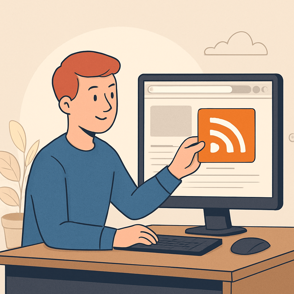 Man on computer with RSS feed on the screen