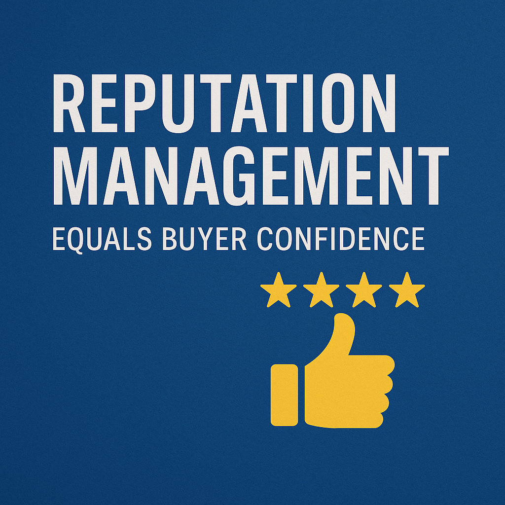 Picture with text saying Reputation Management with a yellow thumbs up and four stars