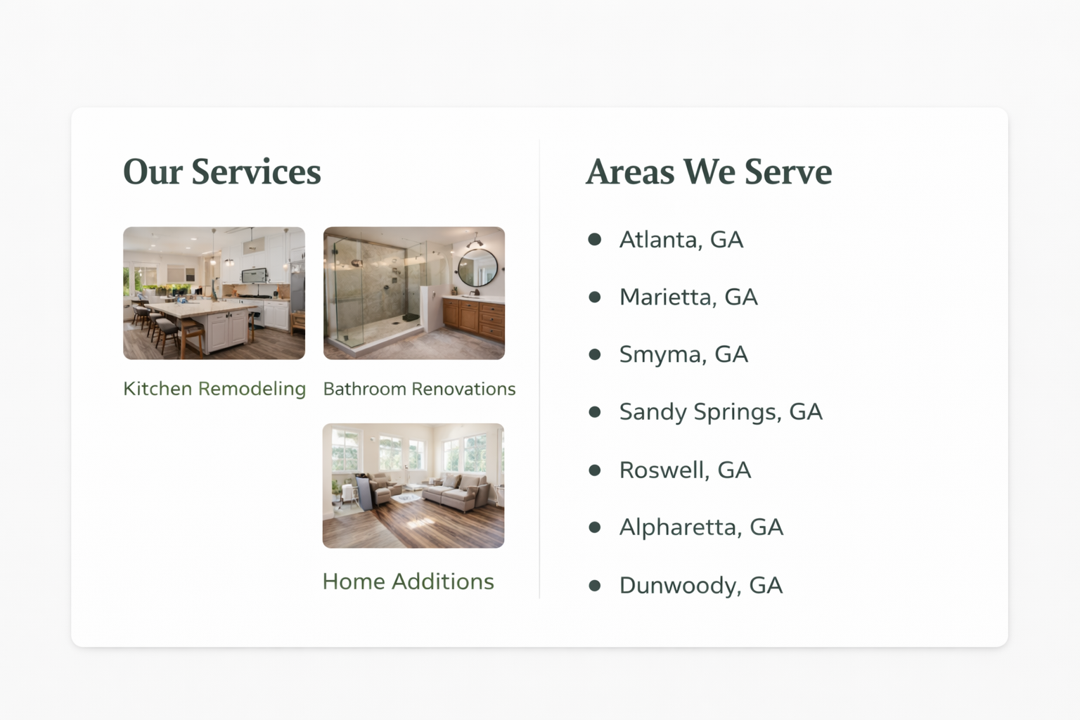 Contractor website services and service areas listed clearly