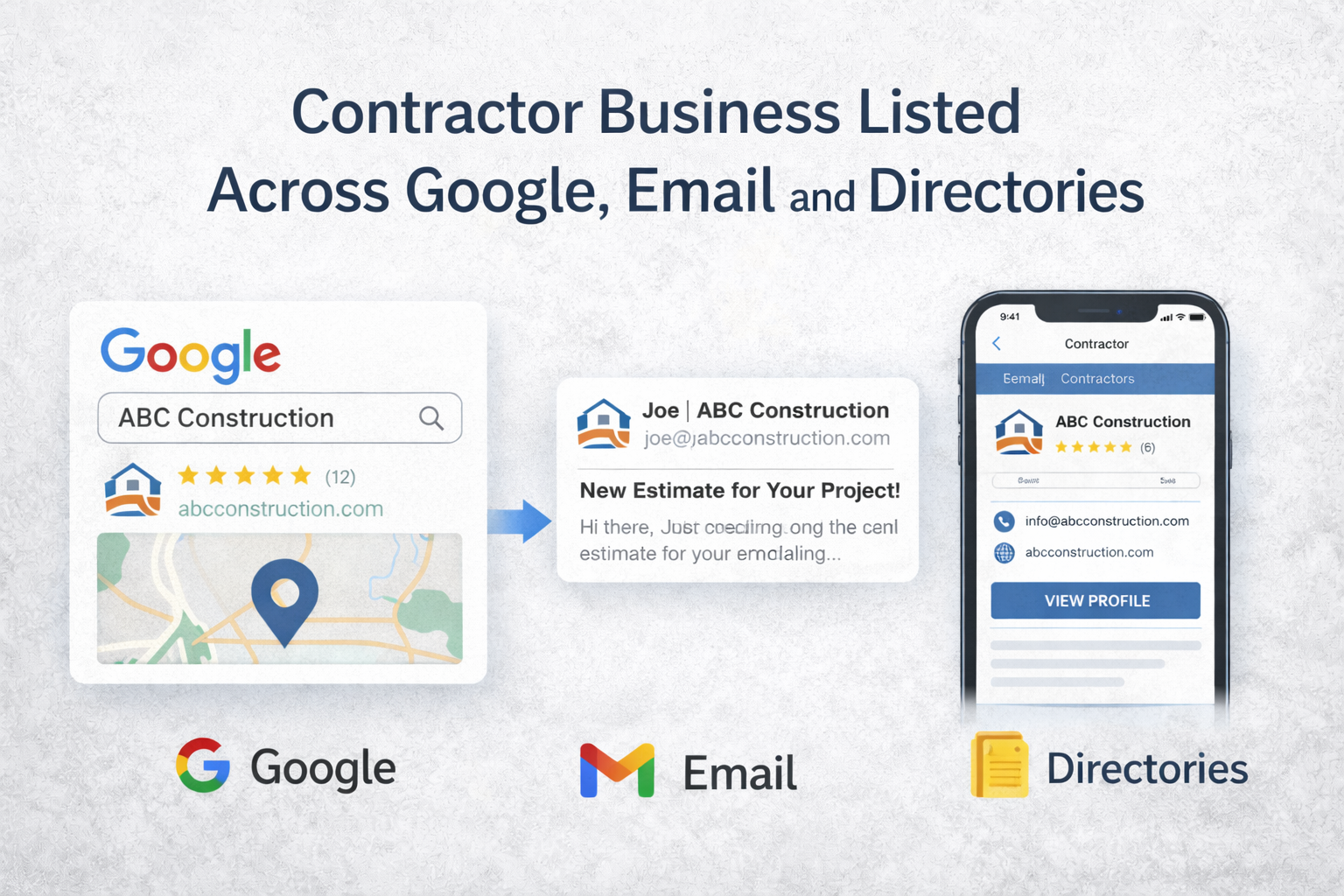 Contractor business listed across Google, email, and directories