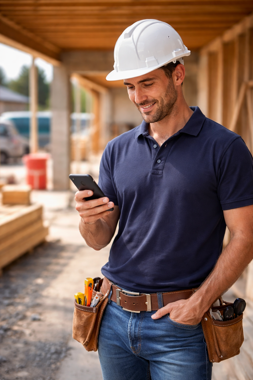 Contractor checking email on phone at a job site
