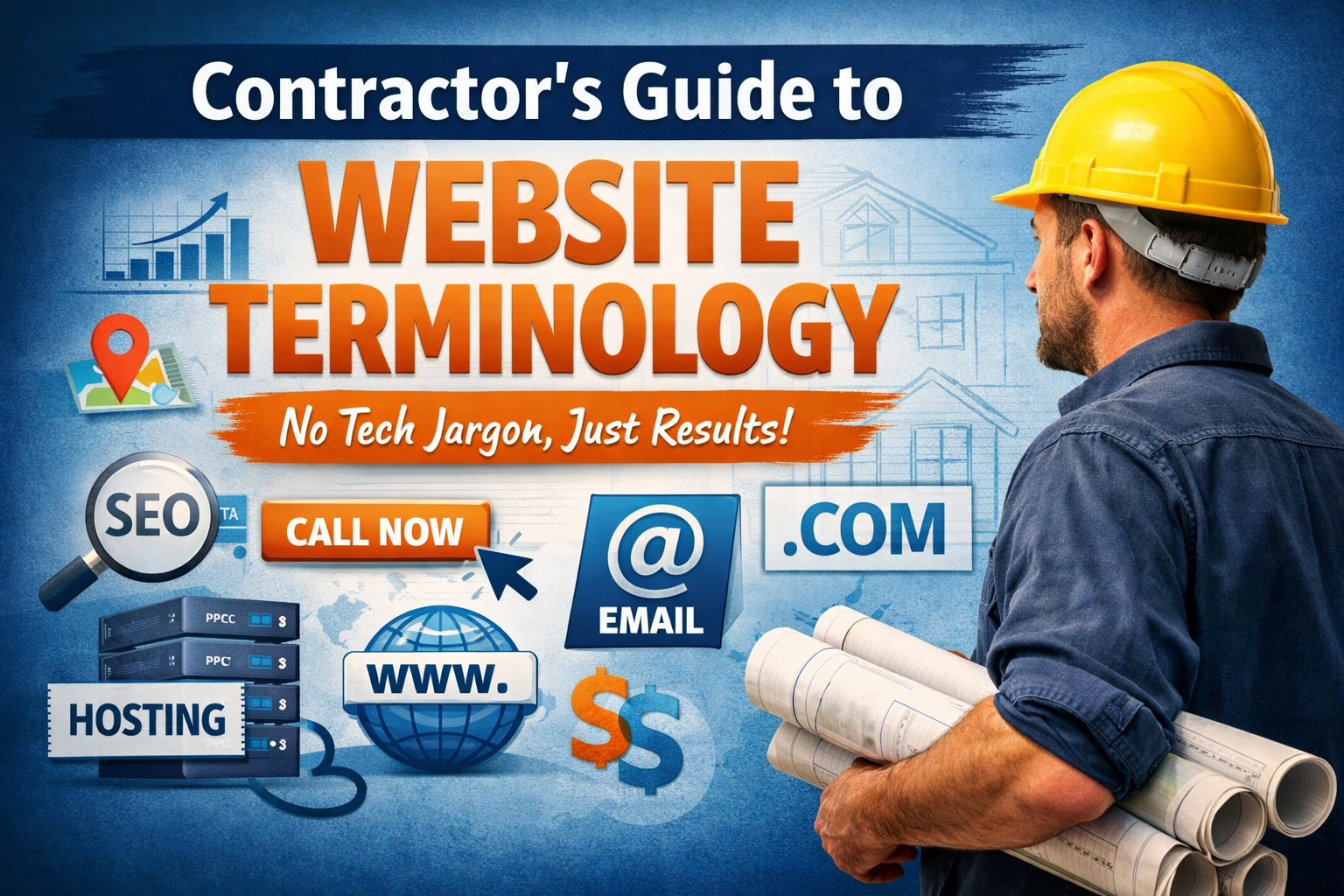 Contractor holding blueprints with icons explaining website terminology including SEO, CTA, hosting, domain name, email, and PPC for contractor websites